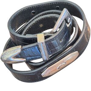 VTG USA Brighton Concho Belt Croc Embossed Ornate Silver Buckle 41803 Black M